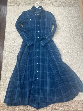 Ralph Lauren Navy and Teal Plaid Button-Front Maxi Shirt Dress